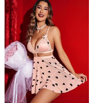 Kadın Pembe Siyah Kalp Desenli Transparan Arka Dekolteli Gecelik/Babydoll -158