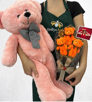 Kişiye Özel Fotoğraflı 3'lü Peluş Ayıcık Buketi ve Büyük Boy Pembe Peluş Ayıcık (Model 3)