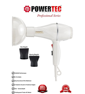 Powertec TR-501+Renkli Hacimlendirici Difüzör Başlıklı Profesyonel Saç Kurutma ve Fön Makinesi Beyaz Renk