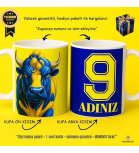 Sarı-Lacivert Boğa Baskılı Taraftar Kupası – Kişiye Özel İsim & Numara-Hediye Paketli