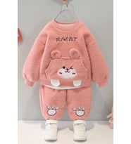 Kız Bebek Çocuk Kışlık Peluş Welsoft Nakışlı 2'li Alt Üst Takım - Pembe