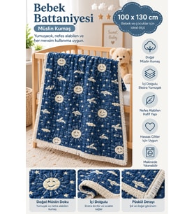 %100 Pamuk Müslin 6 Katlı Bebek & Çocuk Battaniyesi, 100x130cm Desenli Müsl