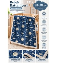%100 Pamuk Müslin 6 Katlı Bebek & Çocuk Battaniyesi, 100x130cm Desenli Müsl
