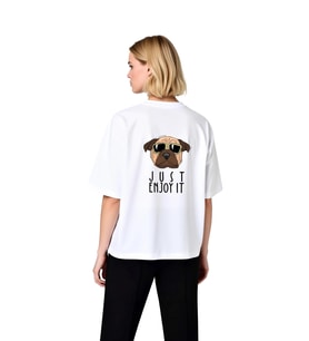 Kadın Oversize Tişört Güneş Gözlüklü Köpek Baskısı Just Enjoy It Yazılı Rahat Kesim Günlük Modern