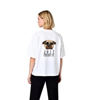 Kadın Oversize Tişört Güneş Gözlüklü Köpek Baskısı Just Enjoy It Yazılı Rahat Kesim Günlük Modern