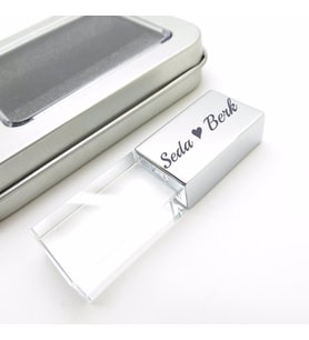 Wings Kişiye Özel Led Işıklı Kristal Usb Bellek 16GB Cam-Metal Gümüş Gri  İsme Özel Usb Bellek  Hediyelik Usb Flash Bellek
