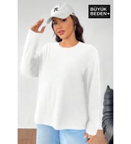 Kadın Büyük Beden Uzun Kollu 2 İplik Bisiklet Yaka Tişört (Beyaz)