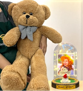 Kişiye Özel Premium Hediye Seti  Led Işıklı Fanus ve 80cm Büyük Boy Kahve Peluş Ayıcık (Model 2)