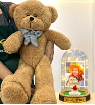 Kişiye Özel Premium Hediye Seti  Led Işıklı Fanus ve 80cm Büyük Boy Kahve Peluş Ayıcık (Model 2)