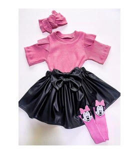 Yaz Için Pembe Badi, Deri Etek, Bandana, Pembe Çorap, Kız Çocuk, Bebek 4 Lü Kıyafet Seti. (Açık Pembe)