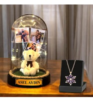 Size Özel İsimli ve 3 Fotoğraflı Peluş Ayıcıklı Fanus & Lotus Kolye  Işıklı Fanus