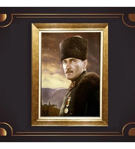 Altın Varaklı Çerçeveli Paspartulu Atatürk Tablo z5166 (Gold)