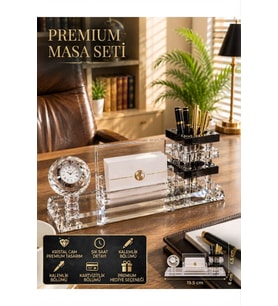 Premium Hediye Ofis Kristal Cam Saatli Kalemlik Kartvizitlik Yönetici Masaüstü Organizer Seti Siyah
