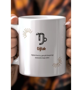 Oğlak Burcu Temalı 330ml Baskılı Beyaz Seramik Kupa Bardak