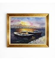 Tablore Sulu Boya İstanbul Manzaralı Duvar Tablosu, Haliç ve Tekne Detaylı Modern Dekoratif Eser