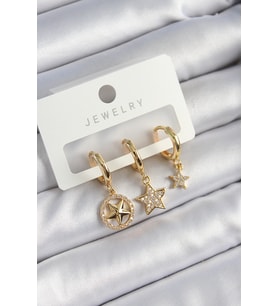 Pirinç Zirkon Taşlı Yıldız Model Gold Renk 3'lü Çift Kadın Küpe Set - TJ-BKP10835