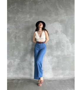 Beli Kemerli Keten Pantolon - KOT MAVİ - S