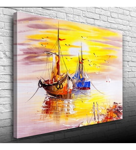 Günbatımında Balıkçı Takaları ve Martılar :Yağlıboya Kanvas Tablo 50 x 70