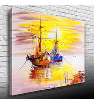 Günbatımında Balıkçı Takaları ve Martılar :Yağlıboya Kanvas Tablo 50 x 70