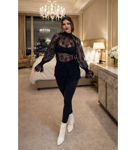 Siyah Dantelli Pantolon ve Bluz İkili Takım