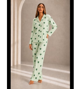 Night Yeşil Kadın Önden Düğmeli Uzun Kollu Alt Üst Pijama Takımı