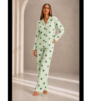 Night Yeşil Kadın Önden Düğmeli Uzun Kollu Alt Üst Pijama Takımı