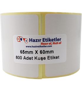 Kuşe Etiket 65mm x 60mm Ruloda 800 Adet 40mm Kuka Çapında Baskısız Barkod Yazıcı Etiketi