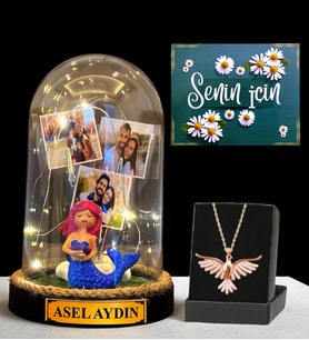 Premium Hediye Seti - Sizlere Özel Led Işıklı Fanus ve Zümrüdü Anka Kuşu Kolyesi (Model 7)