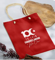BK Gift 100. Yıl Hatırası Kırmızı Halat Saplı Kumaş Bez Çanta-1, 29 Ekim Hediyesi, Cumhuriyet Bayramı, 100.Yıl Hediyesi