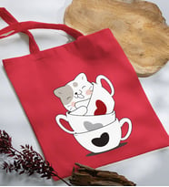 BK Gift Kedi Tasarımlı Kırmızı Kumaş Bez Çanta, Baskılı Omuz Çantası, Alışveriş Çantası, Arkadaşa Hediye-10