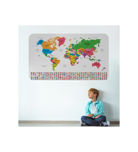 Ülke Bayrak Lı Eğitici Başkent Detaylı Atlası Dünya Haritası Duvar Sticker-3833-85x130