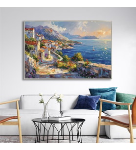 Yağlı Boya Dokulu Tablo Modern Spatula Akdeniz Evleri Manzarası Gümüş Çerçeveli U06039