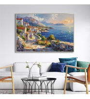 Yağlı Boya Dokulu Tablo Modern Spatula Akdeniz Evleri Manzarası Gümüş Çerçeveli U06039
