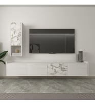 T007 Duvara Monte, Raflı Tv Ünitesi (Beyaz-Mermer)