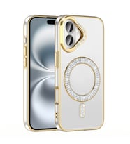 iPhone 16 Plus Kılıf Pırlanta Taş Tasarımlı M-safe Şarj Özellikli Karetta Silikon Kapak (Gold)