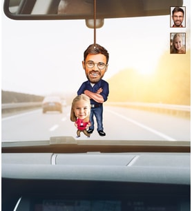 Kişiye Özel Karikatürlü Baba-Kız Ahşap Araba Dikiz Ayna Süsü