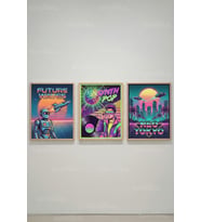 Retro Synthwave Neon 3’lü Ahşap Çerçeveli Tablo Seti