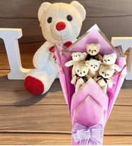 Premium 35 cm Peluş Ayı ve Lila Yumoş Peluş Ayıcık Buketi–Sevdiklerinize Özel (Beyaz)