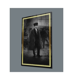 Miyrem Glasses Collection -A1^#  Gold Şerit Siyah Beyaz Pardesülü Atatürk Cam Tablo (Çok Renkli)