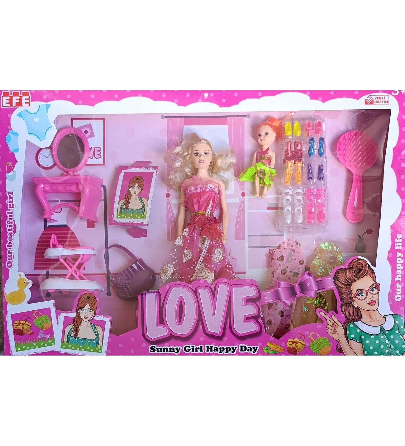 281 EFE LOVE SUNNY GİRL HAPPY DAY PUSETLİ AKSESAURLI BEBEK 28 cm