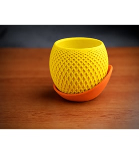 3D Baskı Küre Saksı - Kafes Dokulu İki Parçalı Dekoratif Saksı - Sarı-Turuncu