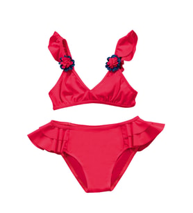 Endeep Kız Çocuk Kırmızı Aksesuar Detaylı Volanlı Bikini Takımı
