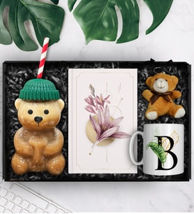 Bearista Şapkalı Pipetli Ayıcık Cam Bardak & Tasarım Defter & Kişiye Özel Kupa & Ayıcık Anahtarlık Hediye Seti
