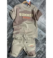 Erkek Çocuk Summer Yazı Baskılı  Cep ve İp Detaylı Bej Şortlu Takım