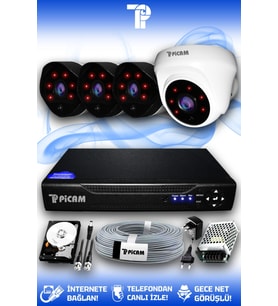 PICAM 4 Kameralı Uzay 1 İç Kamera Set 320 GB HDD Full HD Gece Görüşlü Güvenlik Kamerası Sistemi