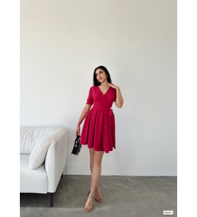 Kadın Kruvaze Yaka Kısa Kol Mini Kloş Elbise (Pembe)