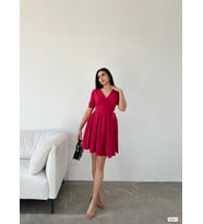 Kadın Kruvaze Yaka Kısa Kol Mini Kloş Elbise (Pembe)