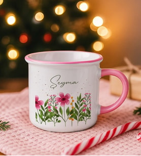 BK Gift Kişiye Özel Çiçek Tasarımlı Pembe Emaye Kupa Bardak -6, Arkadaşa Hediye, Sevgiliye Hediye