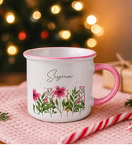 BK Gift Kişiye Özel Çiçek Tasarımlı Pembe Emaye Kupa Bardak -6, Arkadaşa Hediye, Sevgiliye Hediye