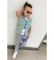 Erkek Çocuk Üzeri Göz ve Yazı Baskılı Tişört Sıfır Kol Jean Su Yeşili Yelek Alt 